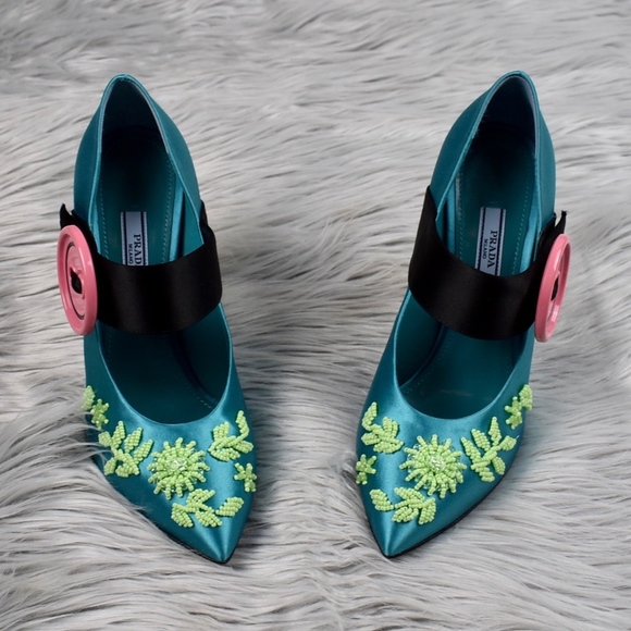 Prada Shoes - (PRADA) Green Silk Satin Beaded Button Heels NEW